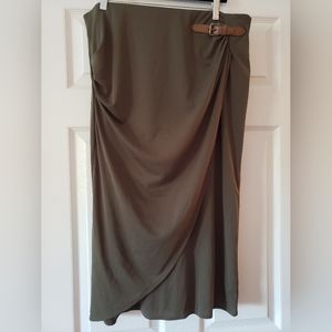 Ralph Lauren XL olive green faux wrap skirt w/ leather/brushed gold belt detail